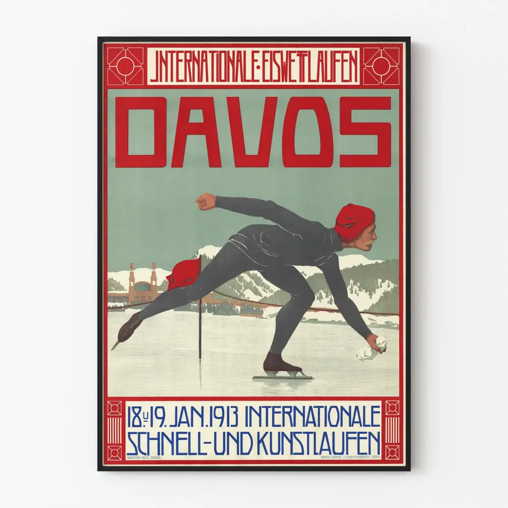 Plakat Vintage Międzynarodowe Zawody w Łyżwiarstwie Davos 1913