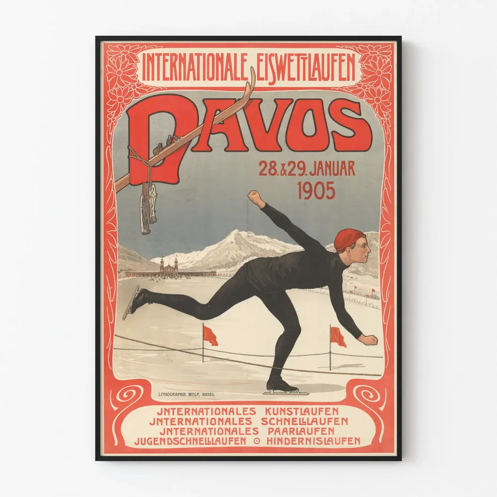 Plakat vintage międzynarodowego łyżwiarstwa artystycznego Davos 1905