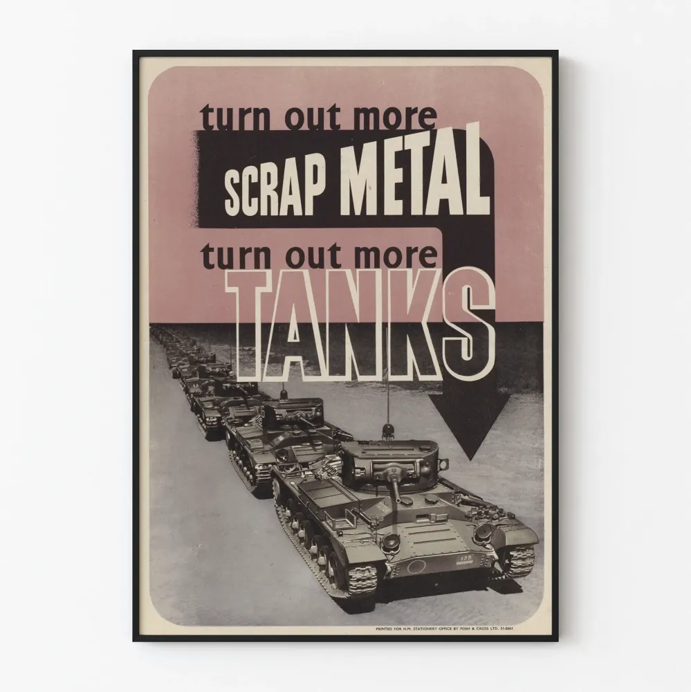 Plakat vintage militarne z metalowych złomów i czołgów