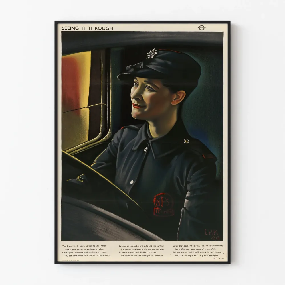 Plakat vintage militarny "Seeing It Through" kobieta za kierownicą