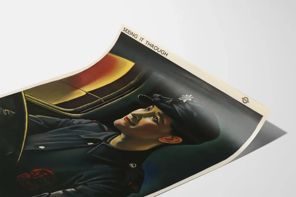 Plakat vintage militarny "Seeing It Through" kobieta za kierownicą