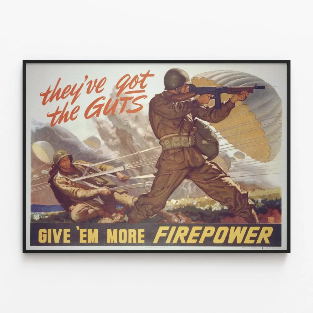 Plakat vintage militarystyczny „Daj im więcej siły ognia”