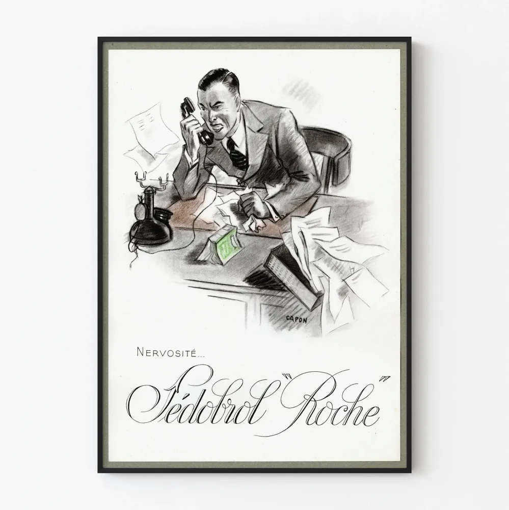 Plakat vintage 'Nervosité Fédobrol Roche' rysunek ołówkiem