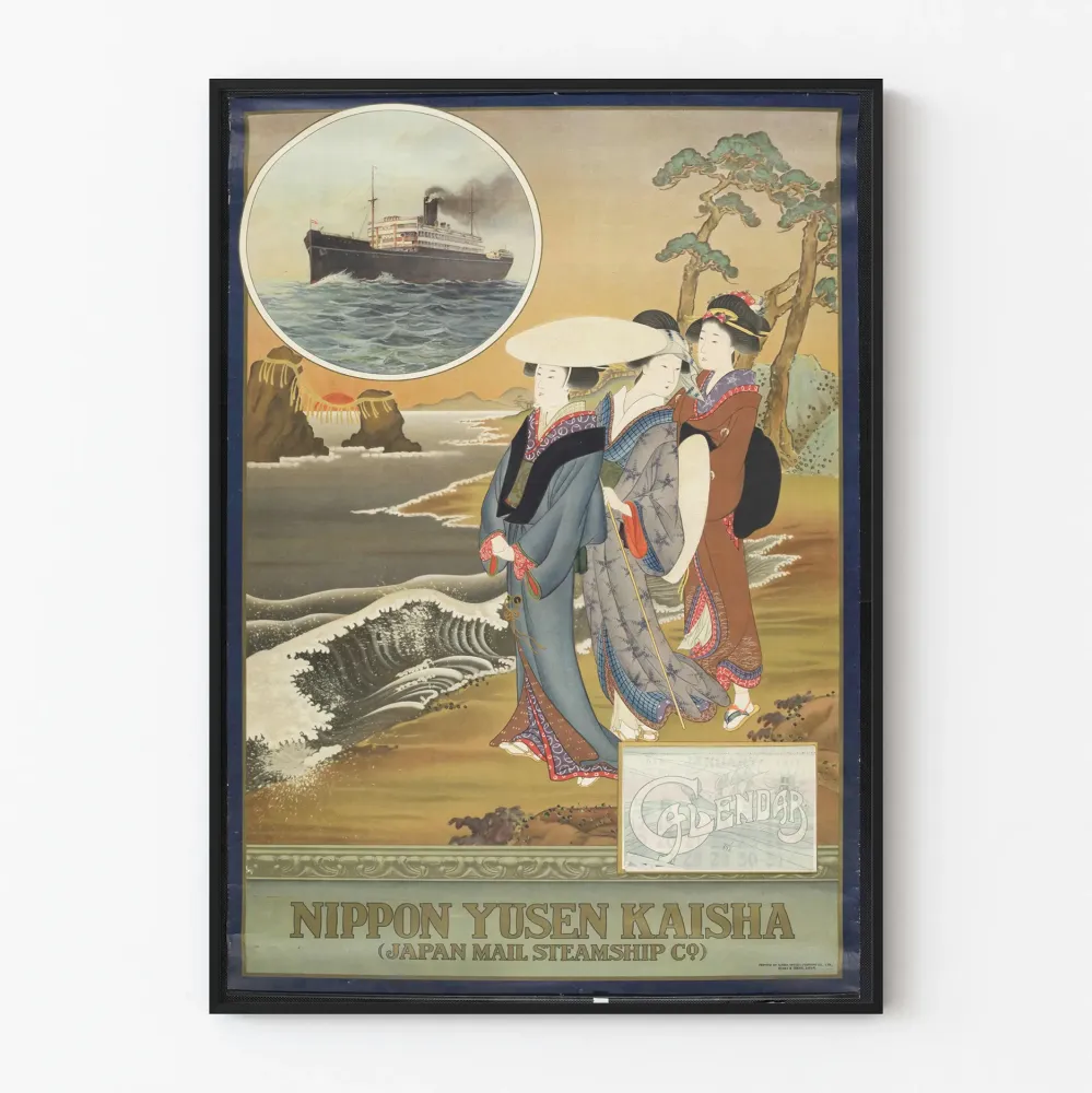 Plakat vintage Nippon Yusen Kaisha - statek parowy i eleganckie Japonki