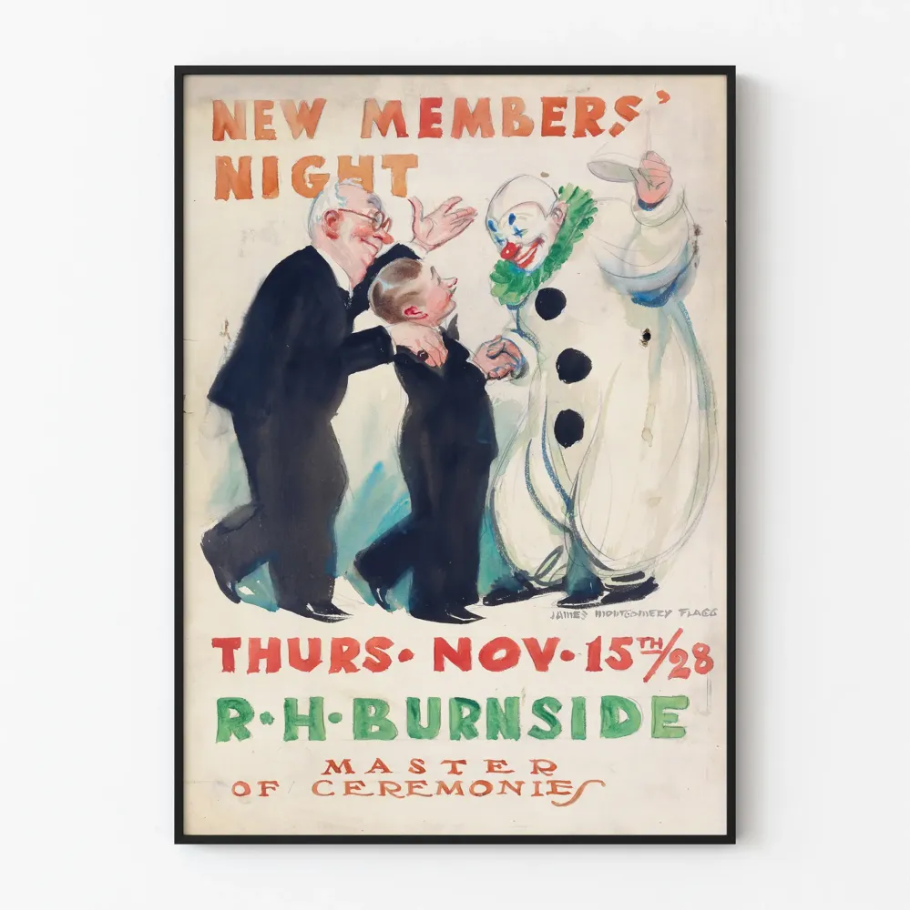 Plakat vintage „Noc nowych członków” z clownem i eleganckimi postaciami