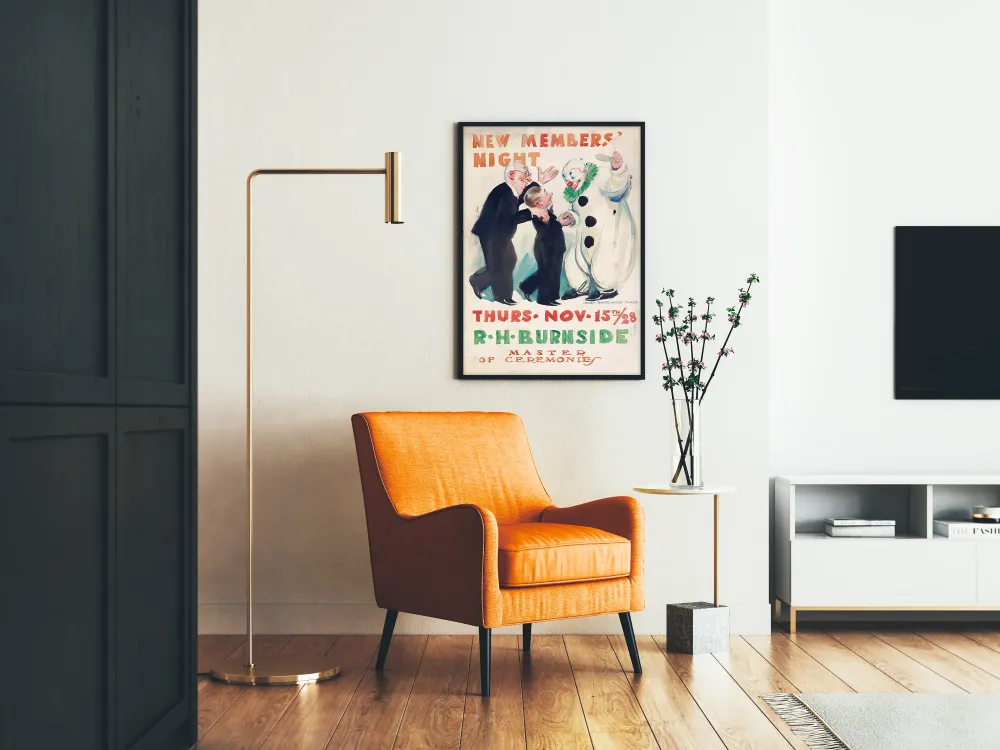 Plakat vintage „Noc nowych członków” z clownem i eleganckimi postaciami