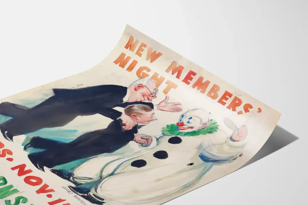 Plakat vintage „Noc nowych członków” z clownem i eleganckimi postaciami