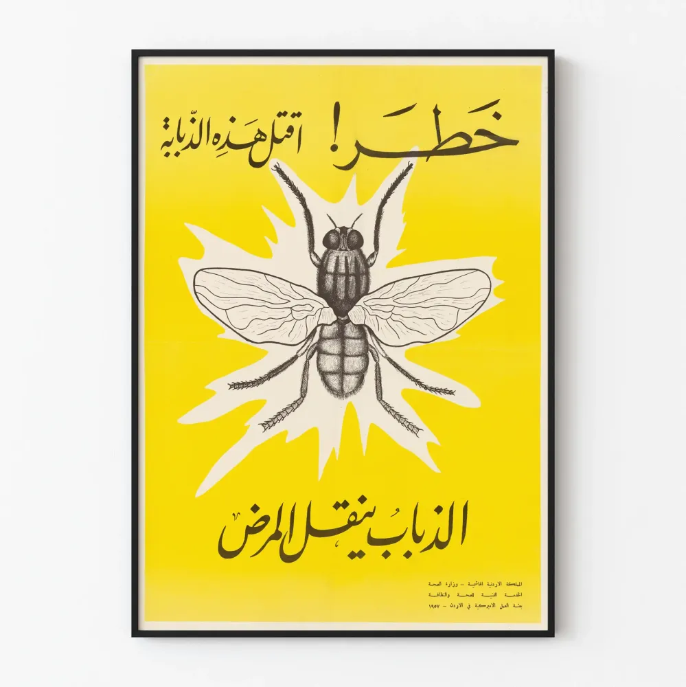 Plakat vintage ostrzegający przed muchami w języku arabskim