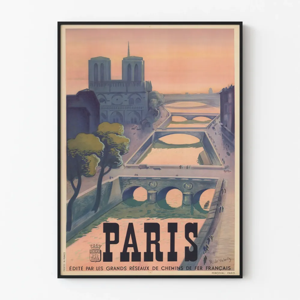 Plakat vintage Paryż pejzaż i mosty nad Sekwaną