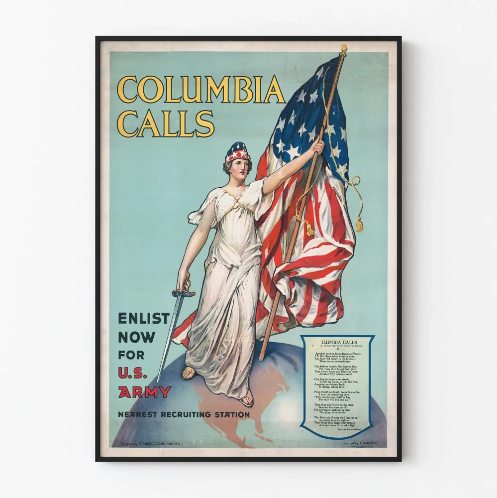 Plakat vintage patriotyczny Columbia Calls Armii Stanów Zjednoczonych