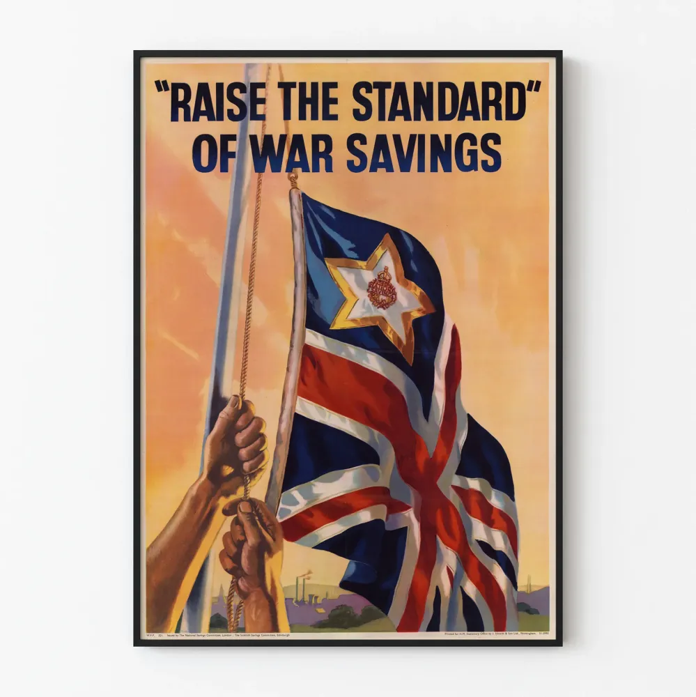 Plakat vintage „Podnieś standard oszczędności na wojnę” z brytyjską flagą