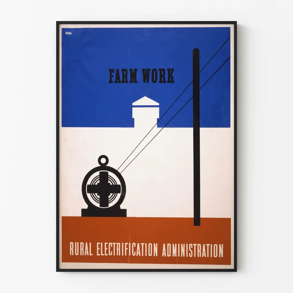 Plakat vintage Praca na farmie - Administracja elektryfikacji wiejskiej