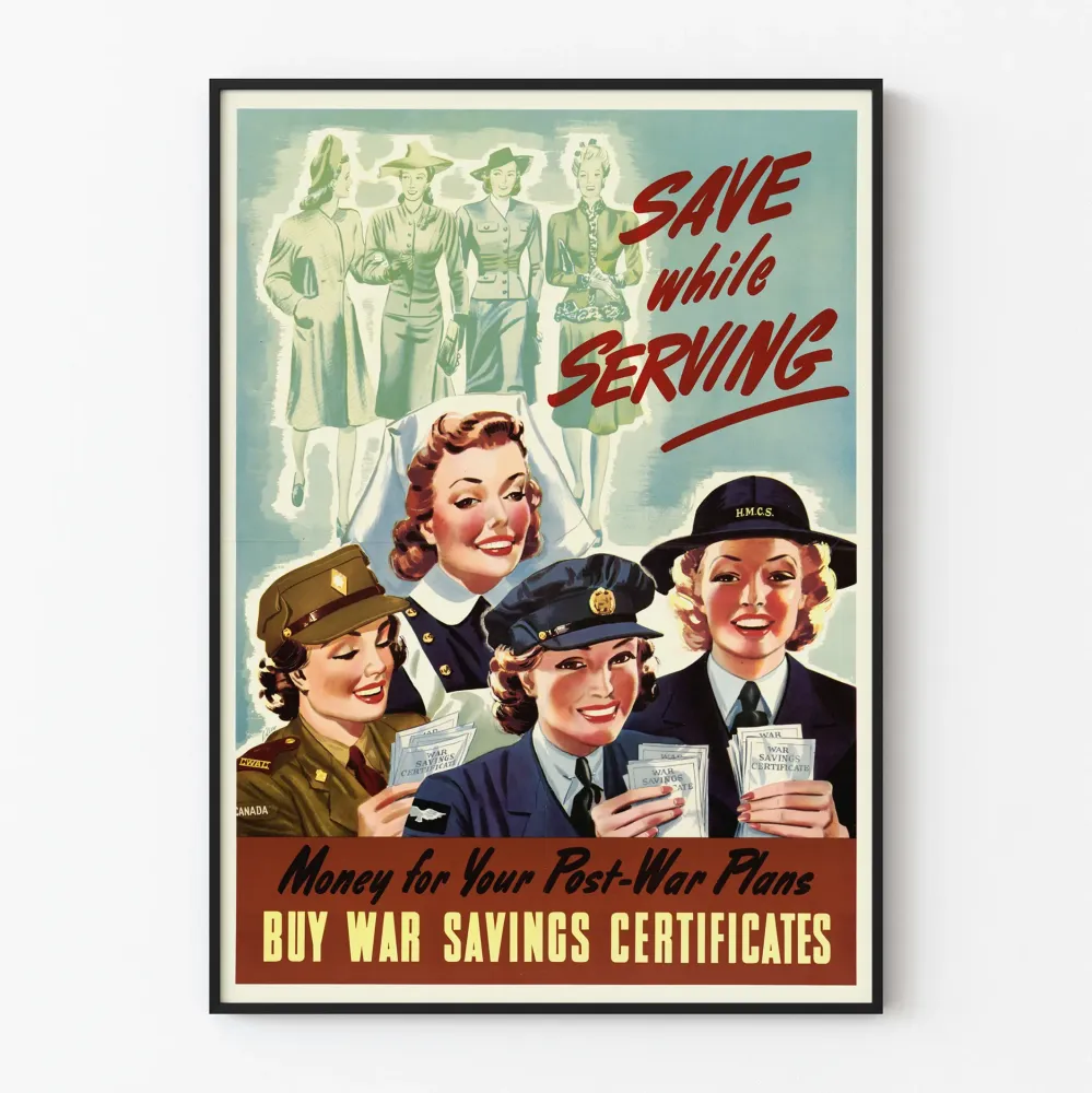 Plakat vintage propagandowy „Oszczędzaj podczas służ”