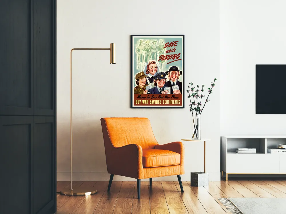 Plakat vintage propagandowy „Oszczędzaj podczas służ”