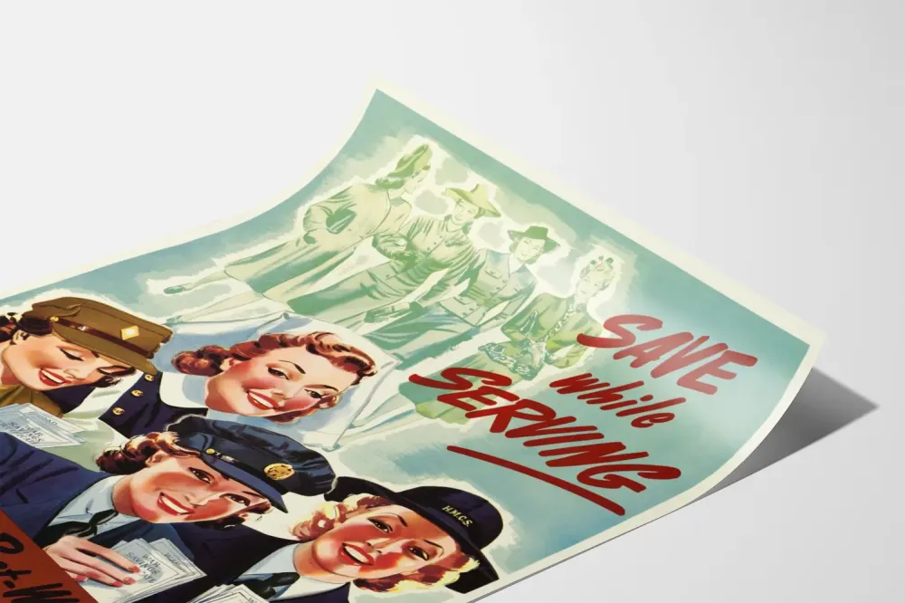 Plakat vintage propagandowy „Oszczędzaj podczas służ”