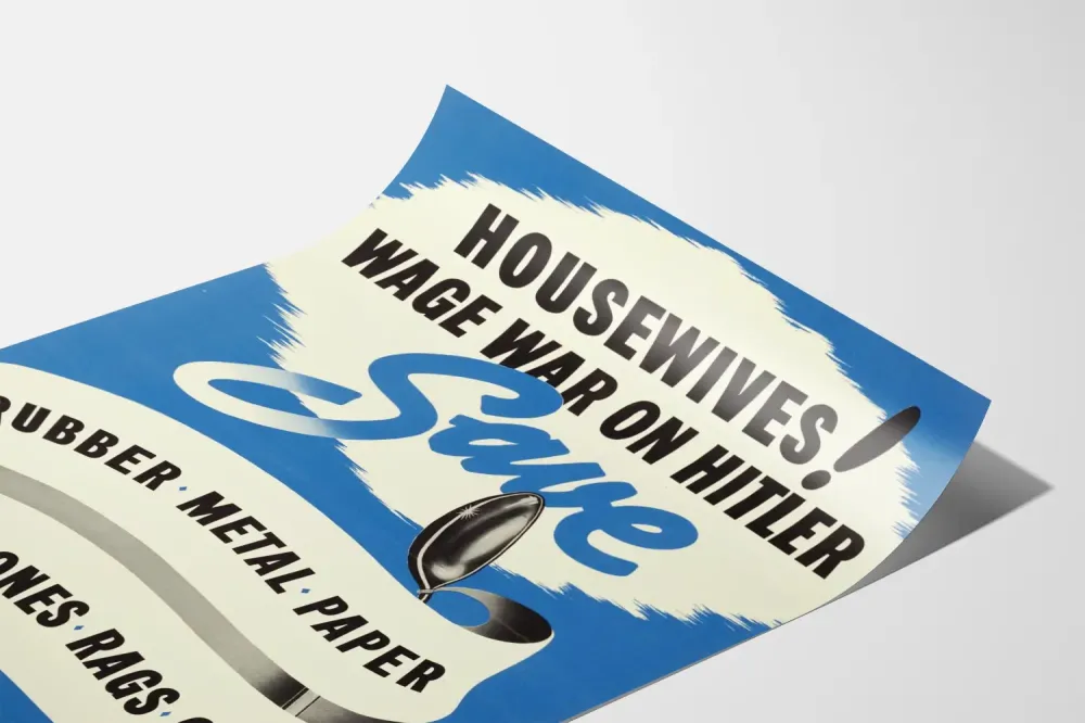 Plakat vintage z propagandy: Gospodynie prowadzą wojnę - oszczędność materiałów