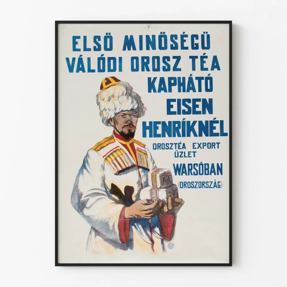 Plakat vintage z psem rosyjskim przedstawiający mężczyznę w tradycyjnym stroju z herbatą