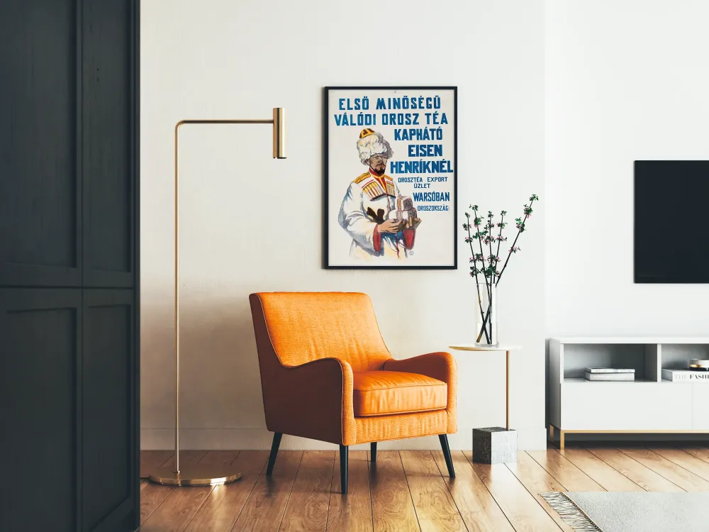 Plakat vintage z psem rosyjskim przedstawiający mężczyznę w tradycyjnym stroju z herbatą