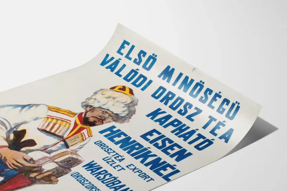 Plakat vintage z psem rosyjskim przedstawiający mężczyznę w tradycyjnym stroju z herbatą