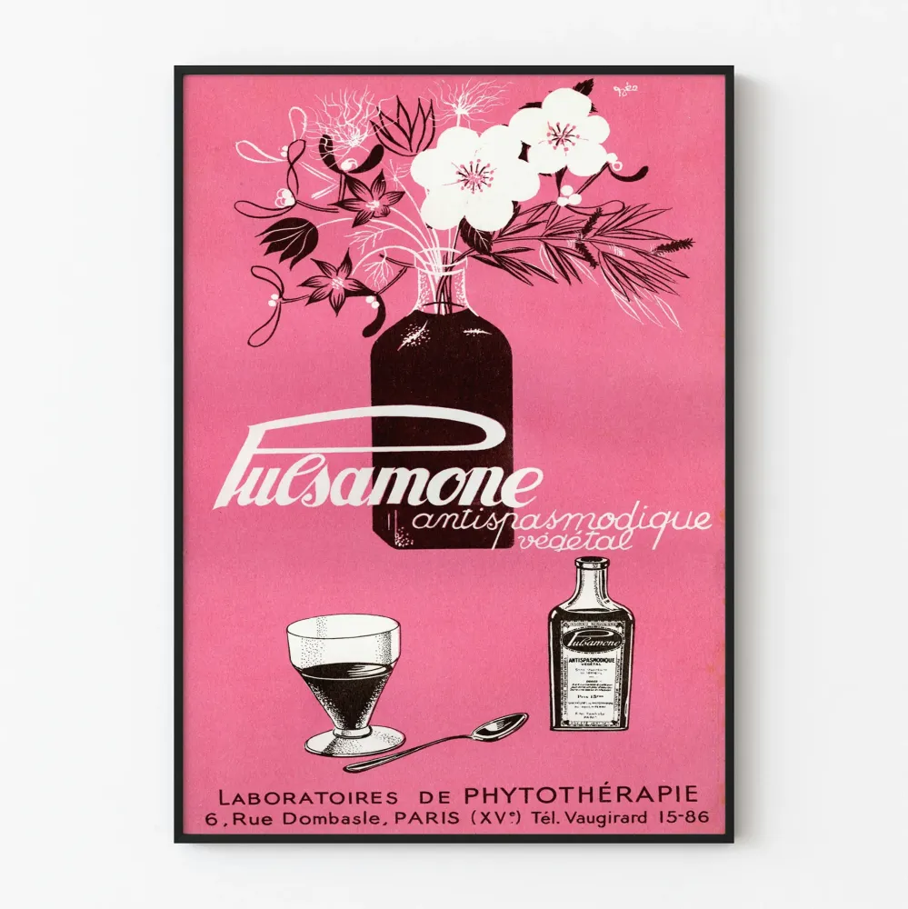 Plakat vintage Pulsamone przeciwskurczowy ziołowy