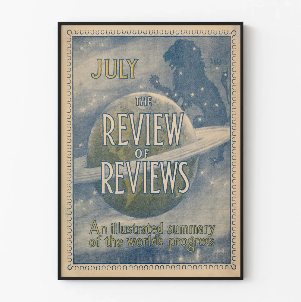 Plakat vintage Review Reviews - Lipiec, ilustrowany kosmosem i konstelacją Lwa