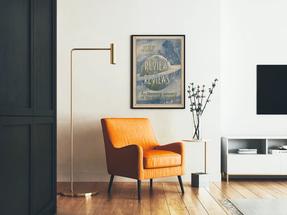 Plakat vintage Review Reviews - Lipiec, ilustrowany kosmosem i konstelacją Lwa
