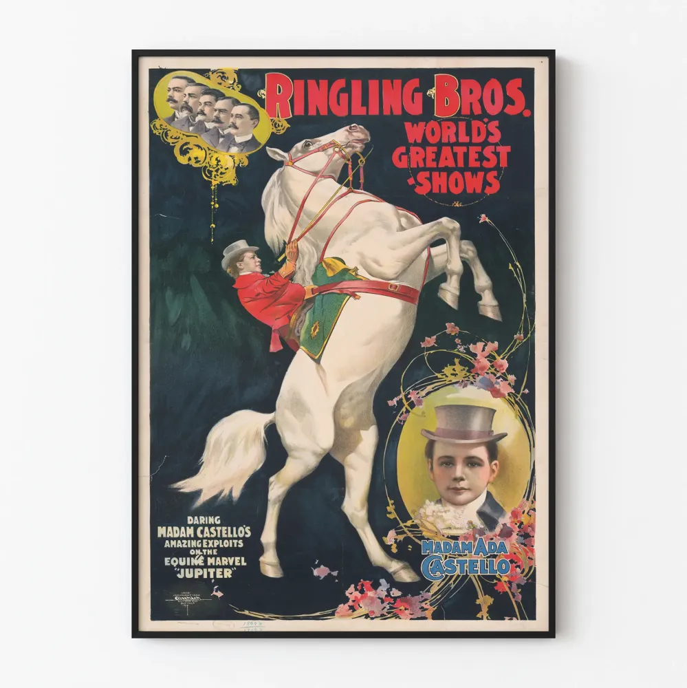 Plakat vintage Ringling Bros Największe Pokazy Świata - Madam Ada Castello i Jupiter