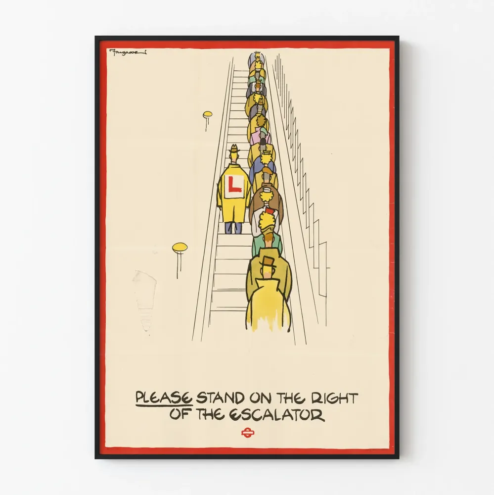 Plakat vintage z ruchomymi schodami - Proszę stać po prawej stronie