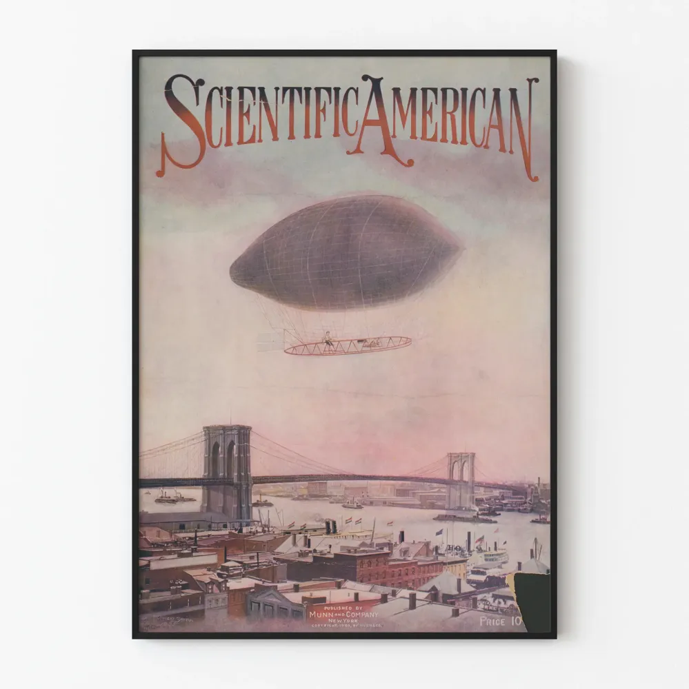 Plakat vintage Scientific American z balonem unoszącym się nad mostem Brooklyn