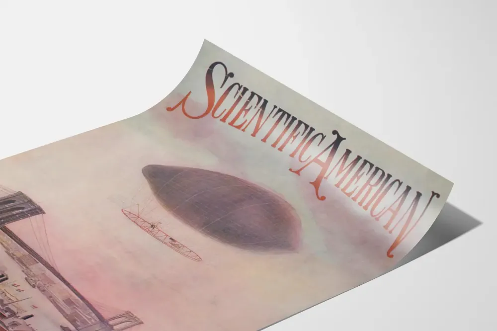 Plakat vintage Scientific American z balonem unoszącym się nad mostem Brooklyn