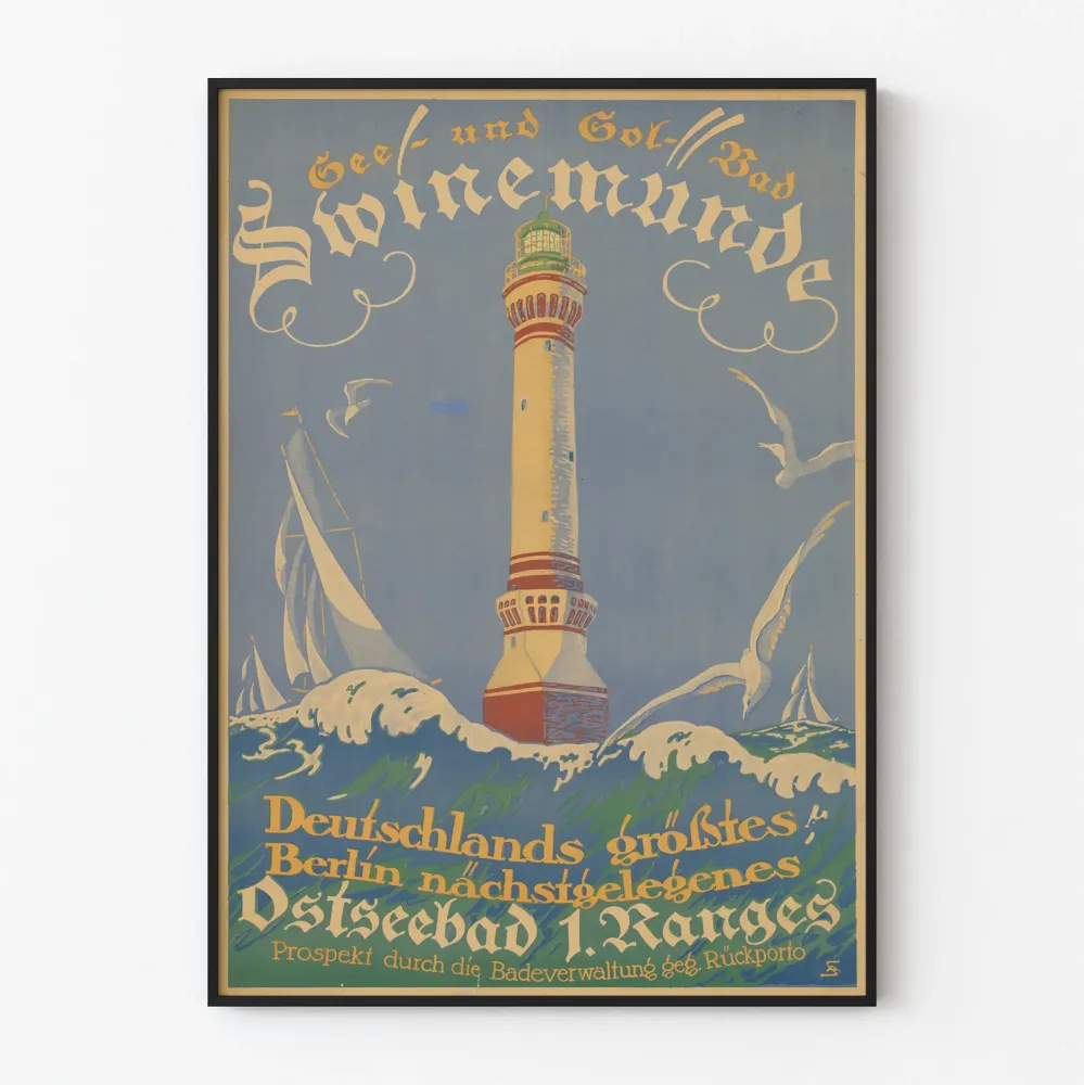 Plakat vintage See- und Solbad Swinemünde z latarnią i falami