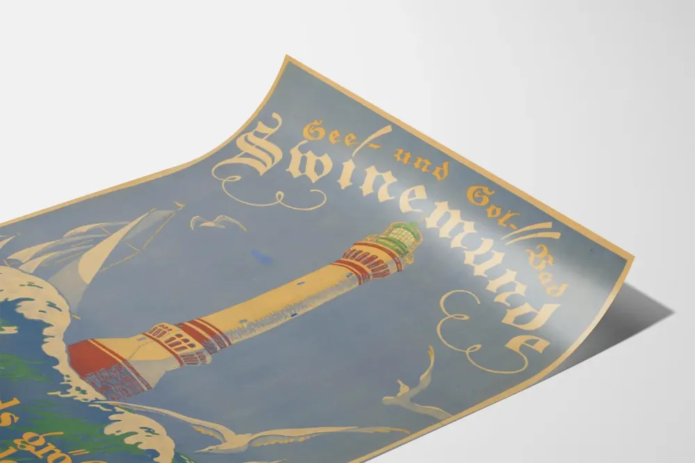 Plakat vintage See- und Solbad Swinemünde z latarnią i falami