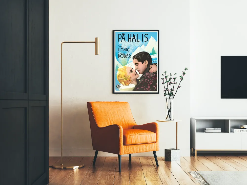 Plakat vintage skandynawski filmowy romans na lodzie