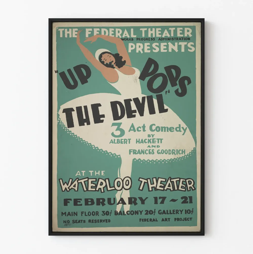 Plakat vintage na spektakl „Up Pops Devil” w Teatrze Waterloo