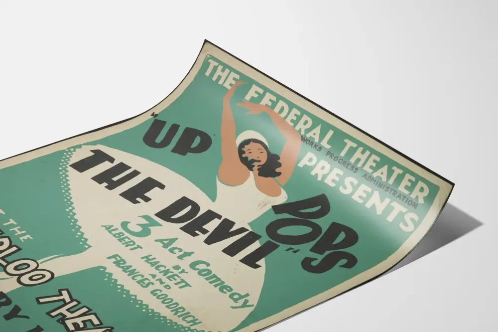 Plakat vintage na spektakl „Up Pops Devil” w Teatrze Waterloo