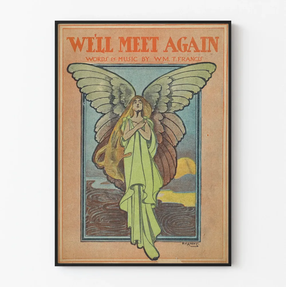 Plakat vintage 'Spotkamy się znów' z aniołem z rozpostartymi skrzydłami