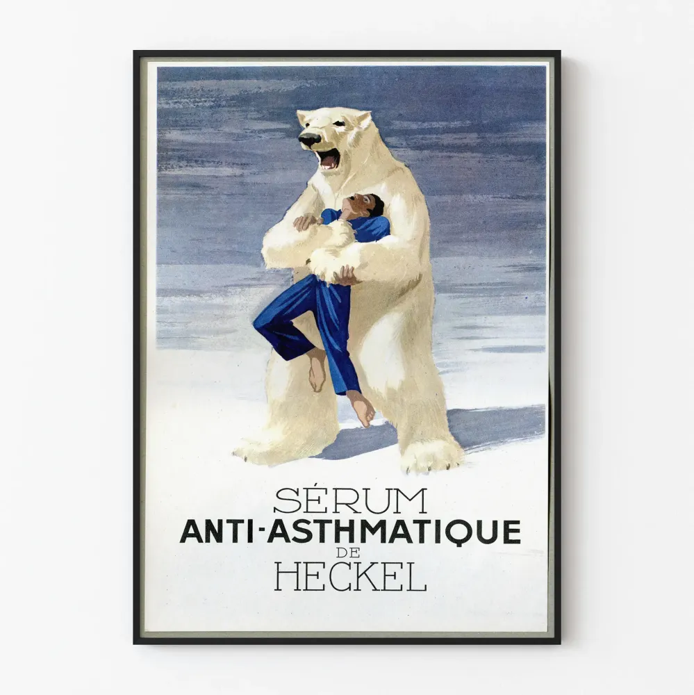 Plakat vintage Sérum przeciwastmatyczne Heckel z niedźwiedziem polarnym