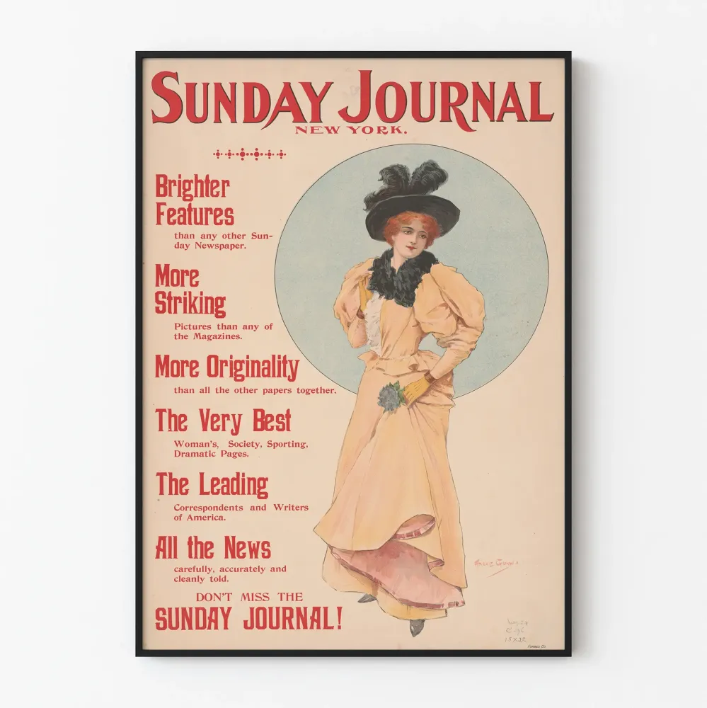 Plakat vintage Sunday Journal z elegancką kobietą trzymającą kwiat