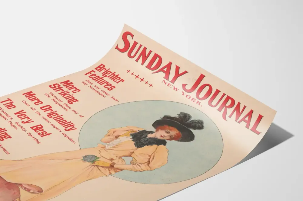 Plakat vintage Sunday Journal z elegancką kobietą trzymającą kwiat