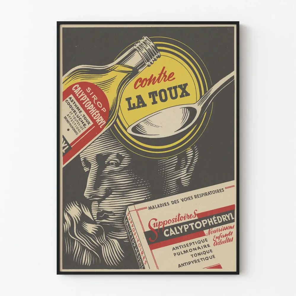 Plakat vintage syropu i czopków Calyptophédryl na kaszel