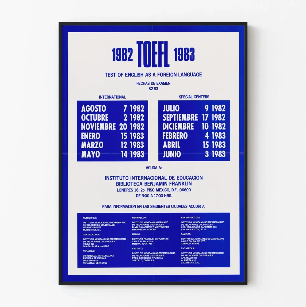 Plakat Vintage TOEFL 1982-1983 - Kalendarz Egzaminów z Języka Angielskiego