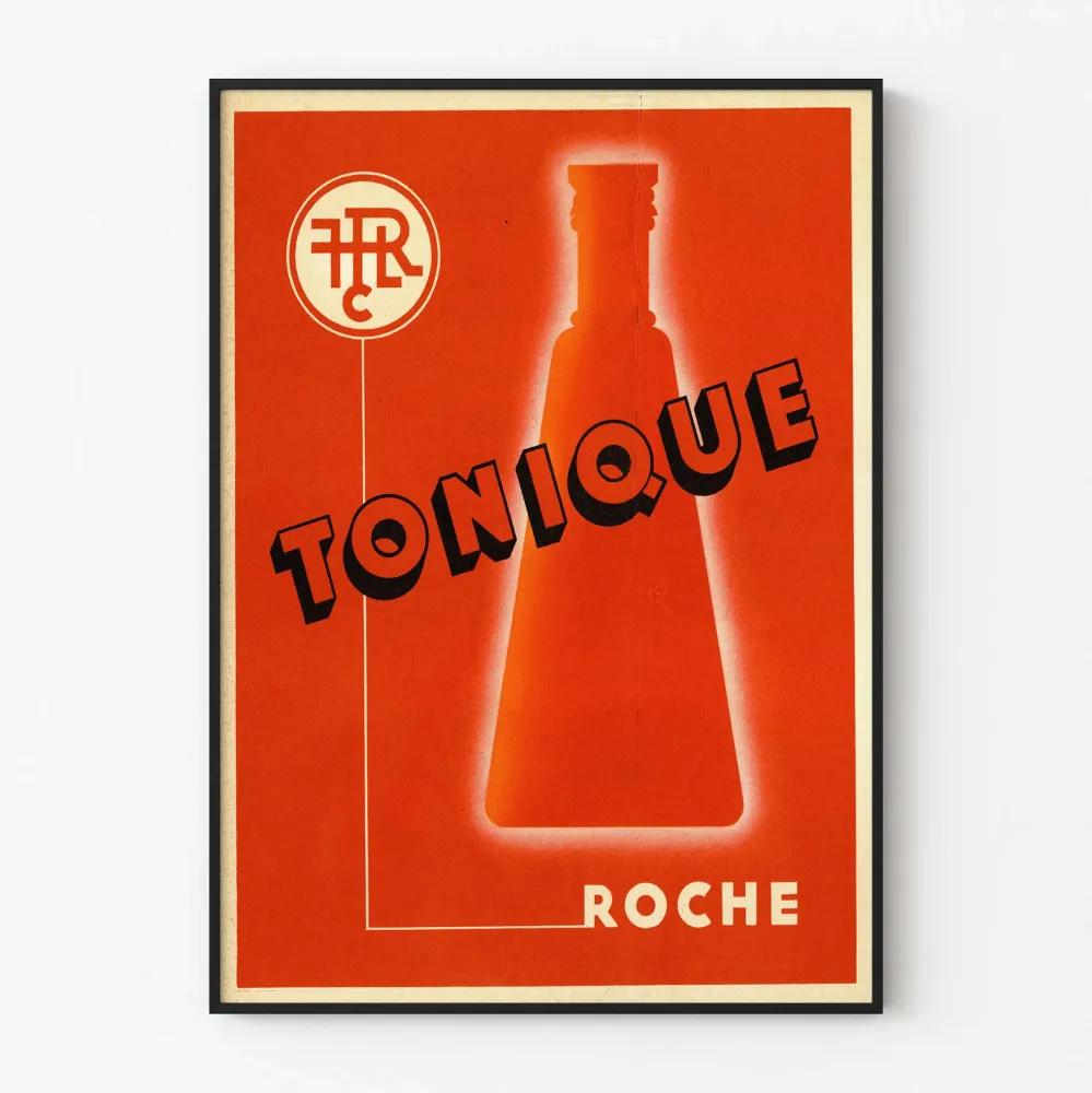 Plakat vintage tonique z ilustracją skały, butelki i pomarańczy