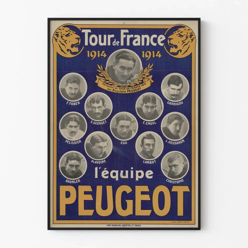 Plakat vintage Tour de France 1914 drużyna Peugeot