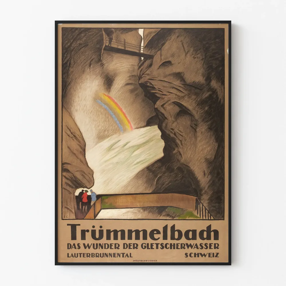 Plakat vintage Trümmelbach, lodospad wodospadu lodowcowego w Szwajcarii