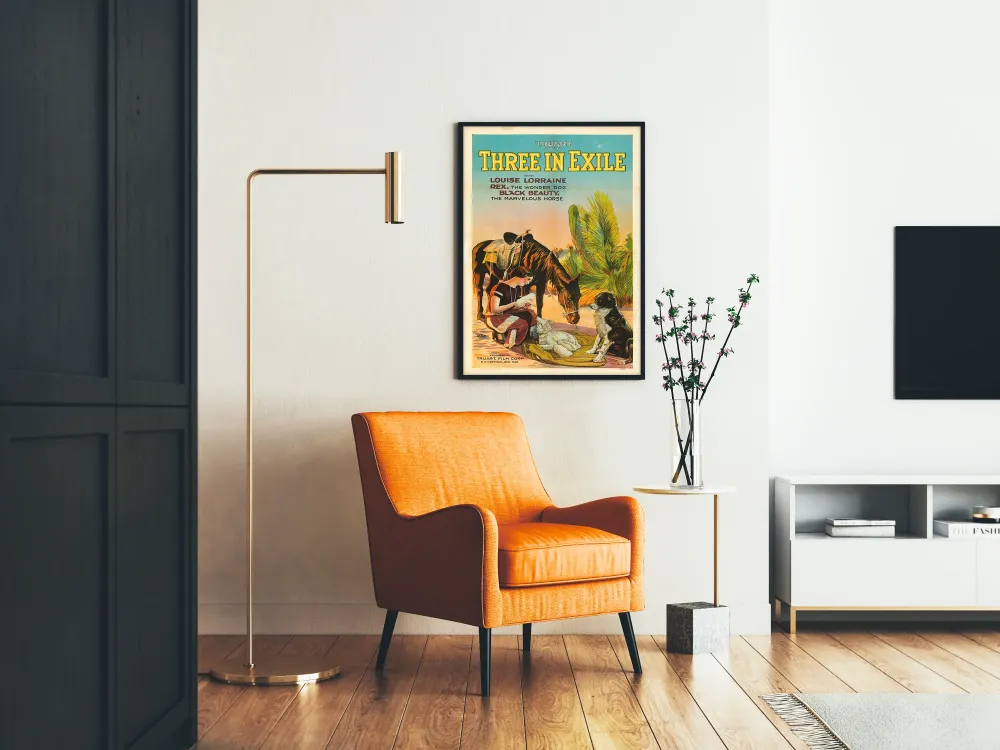 Plakat vintage Trzy na wygnaniu z zwierzętami i kobietą