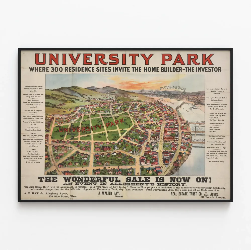 Plakat vintage University Park - Plan 300 lokalizacji osiedli mieszkaniowych w Allegheny