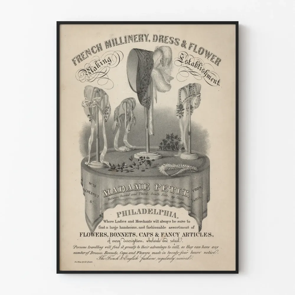 Plakat vintage z warsztatu kapeluszniczego i francuskich kwiatów