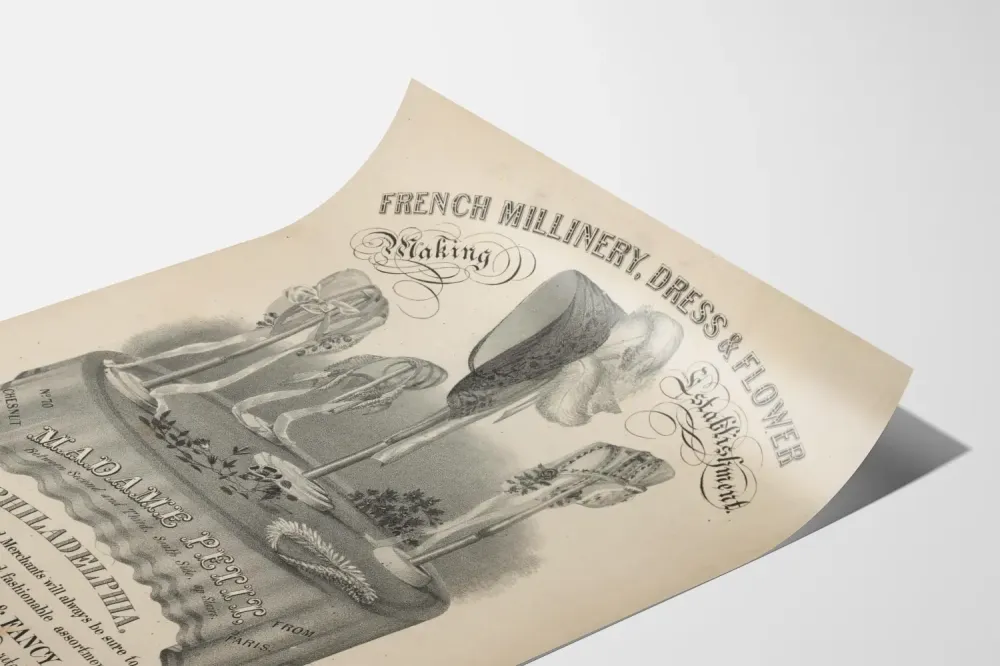 Plakat vintage z warsztatu kapeluszniczego i francuskich kwiatów