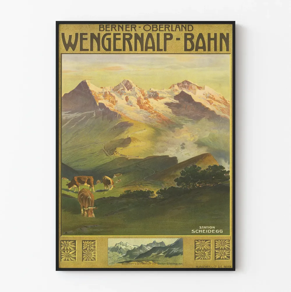 Plakat vintage Wengernalp Bahn Berner Oberland - Stacja Scheidegg