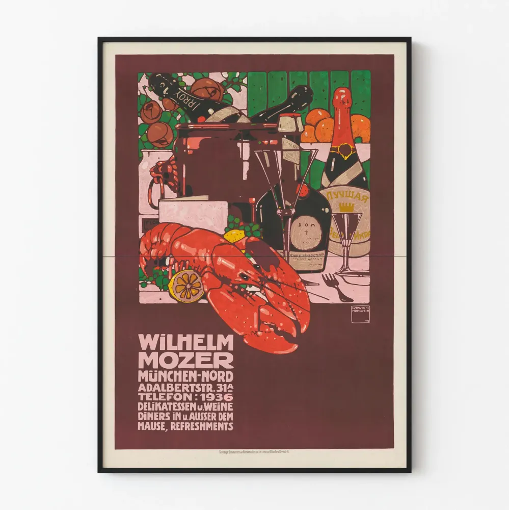 Plakat vintage Wilhelm Mozer - Delikatesy i wina z Monachium
